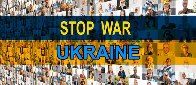 faces collage with flag ukraine. stop war