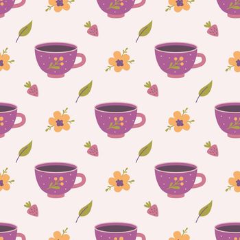 Mug with berries, strawberries, flowers and plants, vector seamless pattern