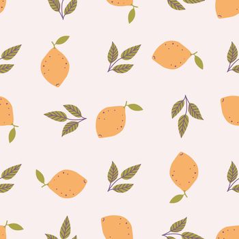 Lemons with leaves in flat style, vector seamless pattern