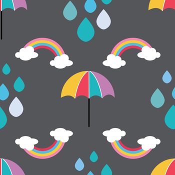 Umbrella, raindrops and rainbow winter seamless pattern design