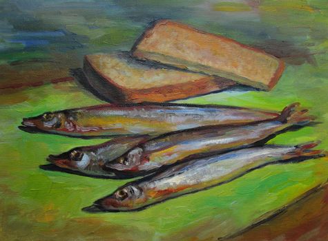 Original oil painting still life painting, bread, fish