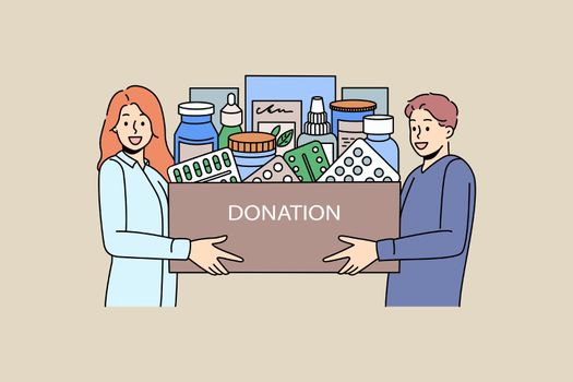Smiling diverse people hold box with medications donate to poor needy people. Caring man and woman make medicaments or drugs donation. First aid, charity and volunteer. Vector illustration.