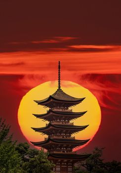 Composition of Japanese pagoda and huge sun