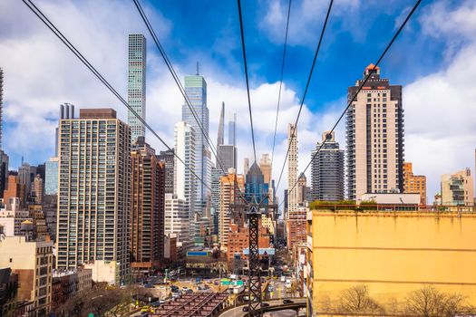 New York City street and skyline view from Roosevelt island tramway