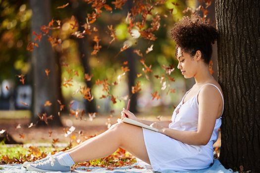 Writing is her favourite hobby. Full length shot of an attractive young woman writing in her journal while sitting in the park.