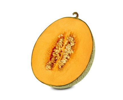 Half of delicious cantaloupe melon in a cross-section, isolated on white background with copy space for text or images. Side view. Close-up shot.