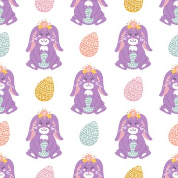 Cute Easter bunny with colorful eggs, festive vector seamless pattern on white background
