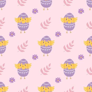 Chicken hatches from an Easter egg, vector seamless pattern on pink background