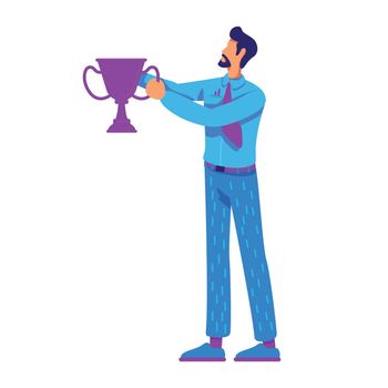 Mentor offering trophy cup semi flat color vector character