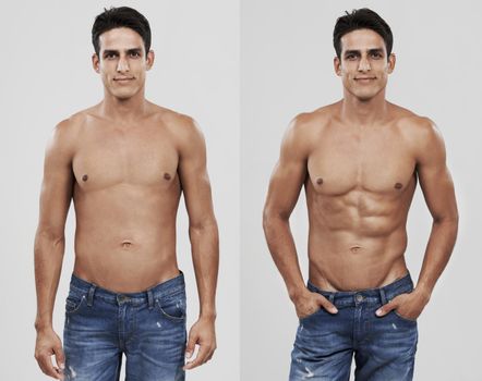 From ordinary to extraordinary. Before and after shot of a man after dieting and exercising.