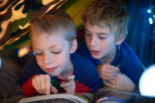 He enjoys reading bedtime stories. Shot of two little brothers reading a bedtime story under their fort.