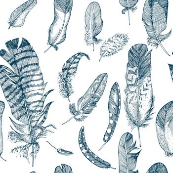Seamless pattern Realistic sketch of bird Feather on isolated background. Detailed ink Line pen Clip Art, Black and White Boho Clipart. Hand Drawn engraving style plume. Vintage Vector