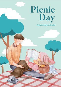 Poster template with picnic day concept,watercolor style