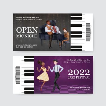 Ticket template with jazz music concept,watercolor style