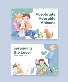 Facebook template with cute dog and cat hugging concept,watercolor style