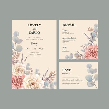 Wedding card template with floral feather boho concept,watercolor style