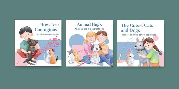 Banner template with cute dog and cat hugging concept,watercolor style