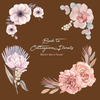 Bouquet template with floral feather boho concept,watercolor style