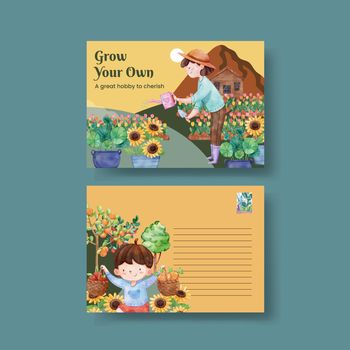 Postcard template with gardening home concept,watercolor style