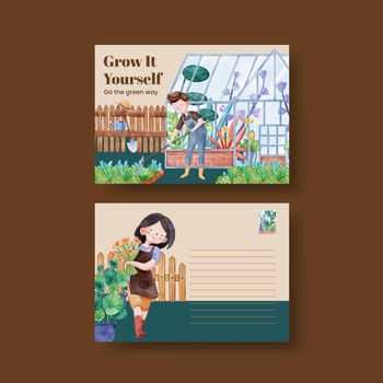 Postcard template with gardening home concept,watercolor style