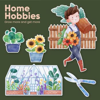 Sticker template with gardening home concept,watercolor style