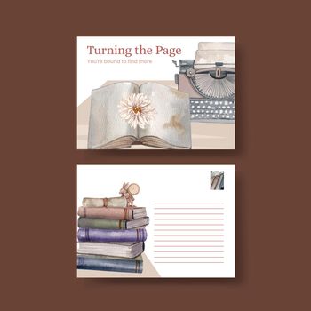 Postcard template with book letter vintage concept,watercolor style