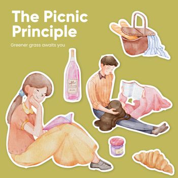 Sticker template with picnic day concept,watercolor style