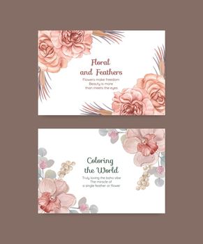 Facebook template with floral feather boho concept,watercolor style
