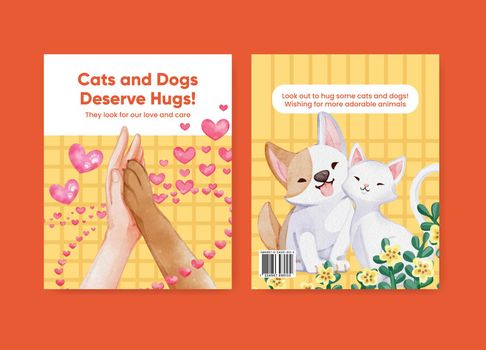 Cover book template with cute dog and cat hugging concept,watercolor style