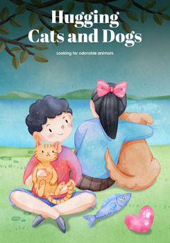 Poster template with cute dog and cat hugging concept,watercolor style