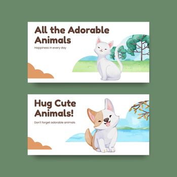 Twitter template with cute dog and cat hugging concept,watercolor style