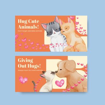 Twitter template with cute dog and cat hugging concept,watercolor style