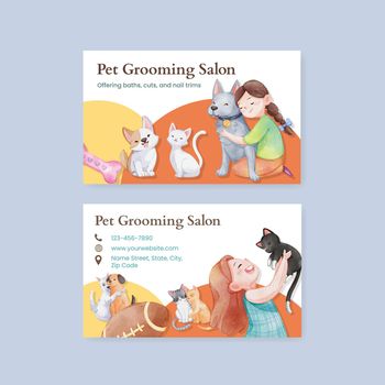Business card template with cute dog and cat hugging concept,watercolor style