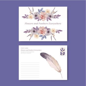 Postcard template with floral feather boho concept,watercolor style