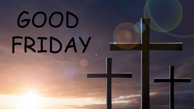 Good friday, a day of prayer and fasting text - White cloth hung on Cross crucifix and yellow gold sunset