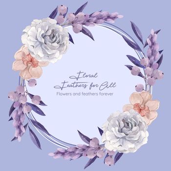 Wreath template with floral feather boho concept,watercolor style