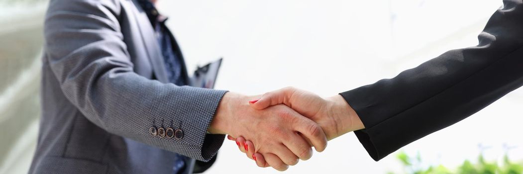 Business man and woman in suits shaking hands closeup