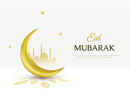 Eid Mubarak with golden crescent moon, stars and mosque illustration.