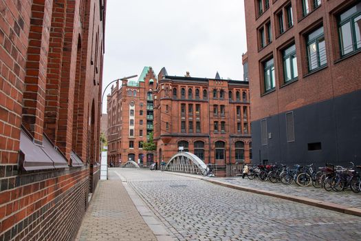 Hamburg, German. View of famous Speicherstadt warehouse district.