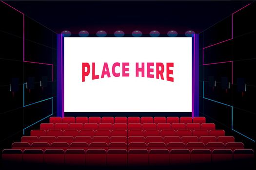 cinema theater hall graphic vector illustration with nobody and empty seats can place arts on screen