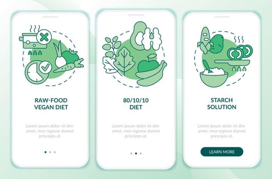 Varieties of vegan diet green onboarding mobile app screen