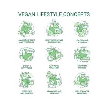 Vegan lifestyle green concept icons set