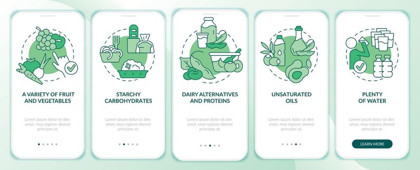 Tips for vegan lifestyle green onboarding mobile app screen