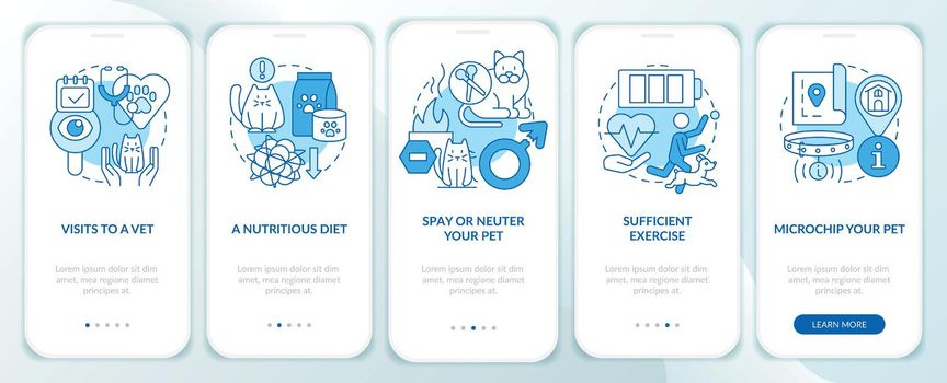 Proper pet care routine blue onboarding mobile app screen