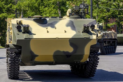 Russian military vehicles on the city square. Russian modern military infantry fighting vehicles BMP.
