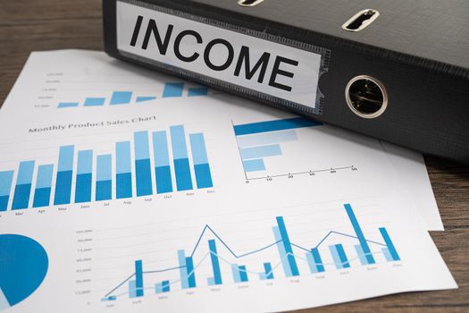 Income. Binder data finance report business with graph analysis in office.