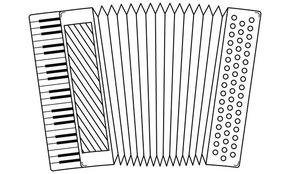 Hand drawn accordion. Musical instrument from the harmonics family. Doodle style. Vector.
