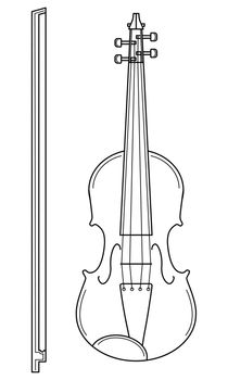 Hand drawn violin with a bow. Bowed musical instrument used in an orchestra. Doodle style. Vector.