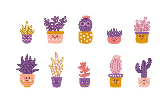 Set of cute cartoon cacti and succulents with funny faces in pots. Vector flat illustration