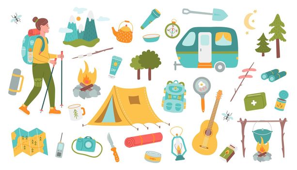 Set of elements for camping and hiking, equipment and hiking tools. Trailer, tent, campfire. Vector flat illustration